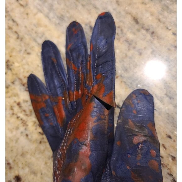 Vintage Size S Blue Leather Long Gloves Slashed Fake Bloody Slashed Zombie War - Picture 12 of 16